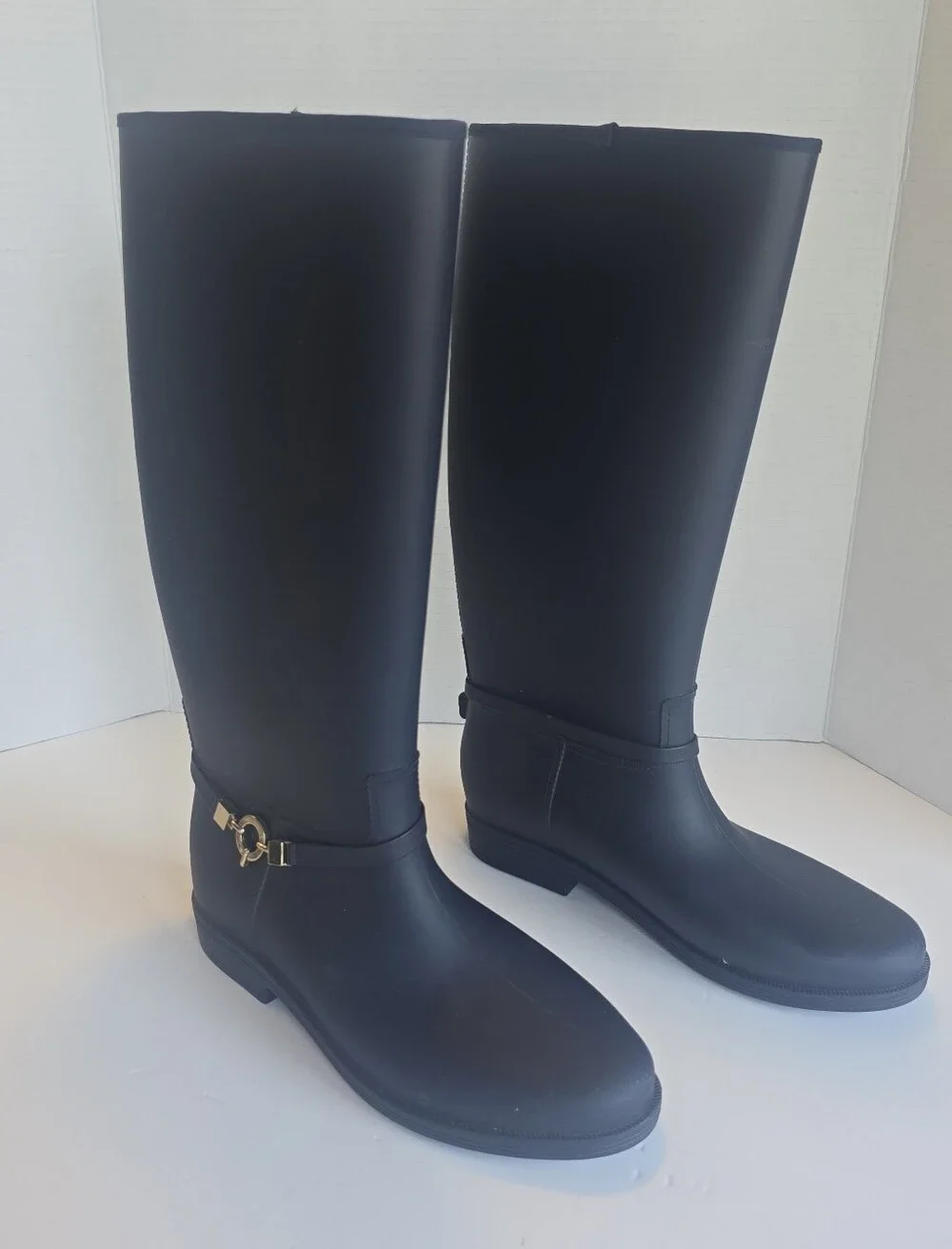 Women’s Navy Tall Rain Boots with Gold Ring Accent Strap